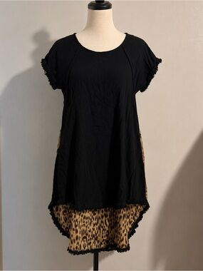 Umgee USA Leopard Print Fringe Tunic Dress Linen Blend Pockets Boho
